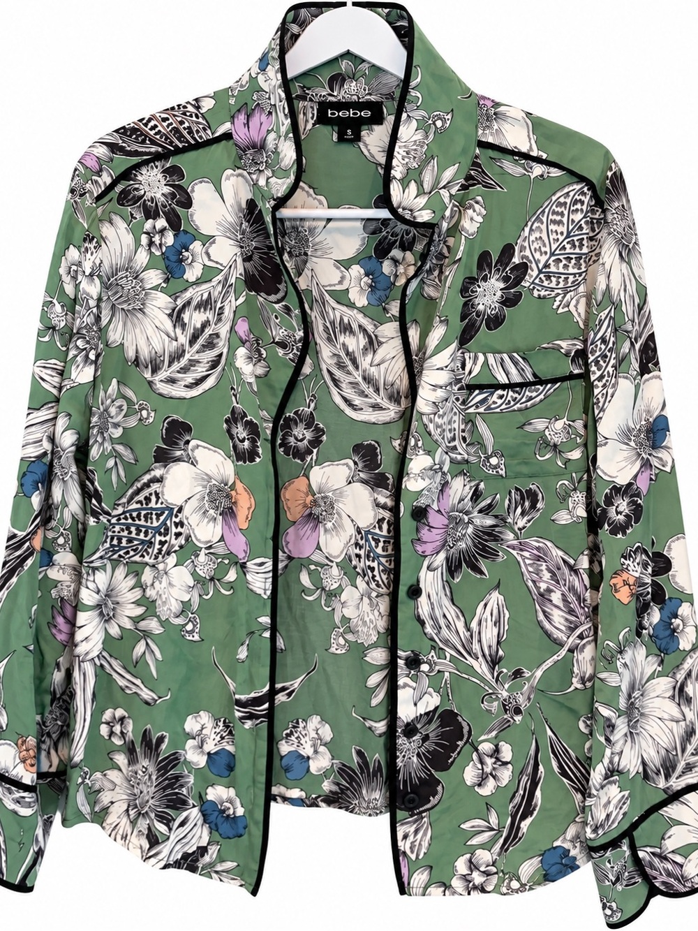 bebe Sage Green Floral Button-Down Shirt with Black Piping